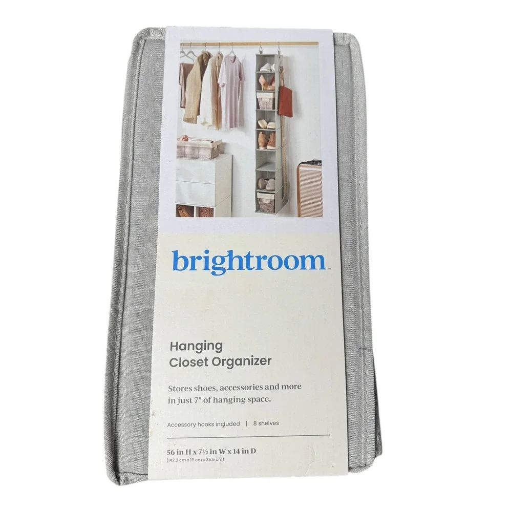 Brightroom 8 Shelf Hanging Closet Organizer Gray with Accessory‎ Hooks 56x7.5x14
